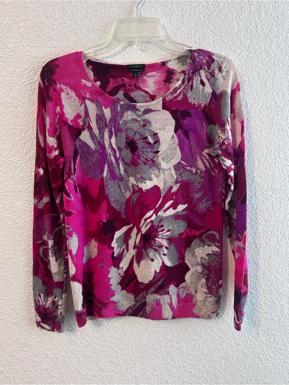 Talbots 100% Merino Wool Floral Sweater Magenta Purple Painterly Print Medium